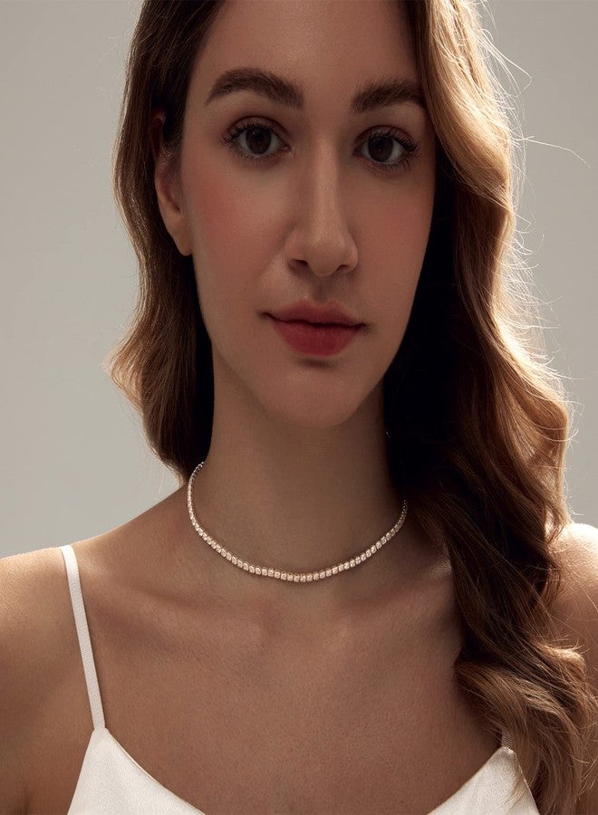 Zeffy Tennis Necklace for Women 18K Silver Plated Rhinestone Choker Necklaces Dainty Zirconia Cut Faux Diamond chain Wedding Jewelry for Women - Image 4